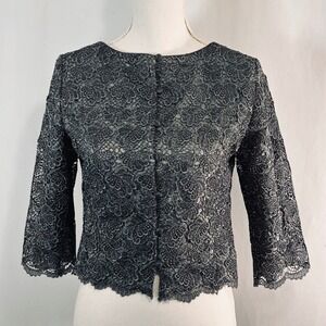Metallic Silver Floral Lace Button Front Cardigan Top 3/4 Sleeve Evening Shrug 2